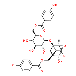 ChemSpider 2D Image | [(1R,2S,3R,5R,6R,8S)-6-Hydroxy-3-{[6-O-(4-hydroxybenzoyl)-beta-D-glucopyranosyl]oxy}-8-methyl-9,10-dioxatetracyclo[4.3.1.0~2,5~.0~3,8~]dec-2-yl]methyl 4-hydroxybenzoate | C30H32O14
