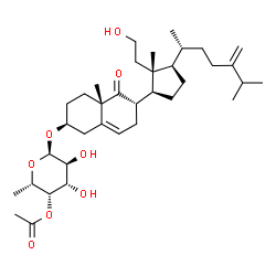 ChemSpider 2D Image | (2S,4aS,6S)-6-{(1S,2R,3R)-2-(2-Hydroxyethyl)-2-methyl-3-[(2R)-6-methyl-5-methylene-2-heptanyl]cyclopentyl}-4a-methyl-5-oxo-1,2,3,4,4a,5,6,7-octahydro-2-naphthalenyl 4-O-acetyl-6-deoxy-alpha-L-galactop
yranoside | C36H58O8