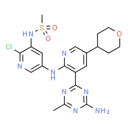ChemSpider 2D Image | N-(5-{[3-(4-Amino-6-methyl-1,3,5-triazin-2-yl)-5-(tetrahydro-2H-pyran-4-yl)-2-pyridinyl]amino}-2-chloro-3-pyridinyl)methanesulfonamide | C20H23ClN8O3S