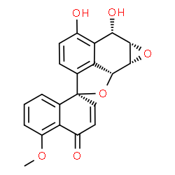 ChemSpider 2D Image | (1R,6'S,6a'S,7a'R,7b'R)-5',6'-Dihydroxy-5-methoxy-6',6a',7a',7b'-tetrahydro-4H-spiro[naphthalene-1,2'-oxireno[2,3]naphtho[1,8-bc]furan]-4-one | C21H16O6