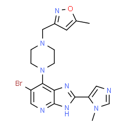 ChemSpider 2D Image | 6-Bromo-2-(1-methyl-1H-imidazol-5-yl)-7-{4-[(5-methyl-1,2-oxazol-3-yl)methyl]-1-piperazinyl}-1H-imidazo[4,5-b]pyridine | C19H21BrN8O