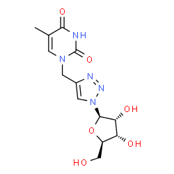 ChemSpider 2D Image | 5-Methyl-2,4-dioxo-1-{[1-(beta-D-ribofuranosyl)-1H-1,2,3-triazol-4-yl]methyl}-1,2,3,4-tetrahydropyrimidine | C13H17N5O6