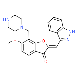 ChemSpider 2D Image | (2Z)-2-(1H-Indazol-3-ylmethylene)-6-methoxy-7-(1-piperazinylmethyl)-1-benzofuran-3(2H)-one | C22H22N4O3