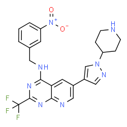 ChemSpider 2D Image | N-(3-Nitrobenzyl)-6-[1-(4-piperidinyl)-1H-pyrazol-4-yl]-2-(trifluoromethyl)pyrido[2,3-d]pyrimidin-4-amine | C23H21F3N8O2