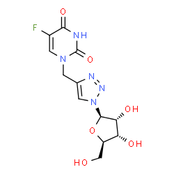 ChemSpider 2D Image | 5-Fluoro-2,4-dioxo-1-{[1-(beta-D-ribofuranosyl)-1H-1,2,3-triazol-4-yl]methyl}-1,2,3,4-tetrahydropyrimidine | C12H14FN5O6