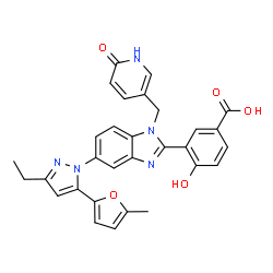 ChemSpider 2D Image | 3-{5-[3-Ethyl-5-(5-methyl-2-furyl)-1H-pyrazol-1-yl]-1-[(6-oxo-1,6-dihydro-3-pyridinyl)methyl]-1H-benzimidazol-2-yl}-4-hydroxybenzoic acid | C30H25N5O5