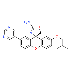 ChemSpider 2D Image | (4S)-2'-Isobutoxy-7'-(5-pyrimidinyl)spiro[1,3-oxazole-4,9'-xanthen]-2-amine | C23H22N4O3