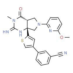 ChemSpider 2D Image | 3-{5-[(2e,4ar,7ar)-2-Imino-6-(6-Methoxypyridin-2-Yl)-3-Methyl-4-Oxooctahydro-7ah-Pyrrolo[3,4-D]pyrimidin-7a-Yl]thiophen-3-Yl}benzonitrile | C24H22N6O2S