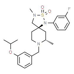 ChemSpider 2D Image | (5R,7S)-1-(3-Fluorophenyl)-8-(3-isopropoxybenzyl)-3,7-dimethyl-2-thia-1,3,8-triazaspiro[4.5]decane 2,2-dioxide | C24H32FN3O3S