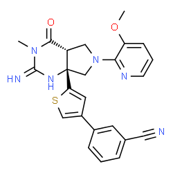 ChemSpider 2D Image | 3-{5-[(2e,4ar,7ar)-2-Imino-6-(3-Methoxypyridin-2-Yl)-3-Methyl-4-Oxooctahydro-7ah-Pyrrolo[3,4-D]pyrimidin-7a-Yl]thiophen-3-Yl}benzonitrile | C24H22N6O2S