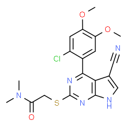 ChemSpider 2D Image | 2-{[4-(2-Chloro-4,5-dimethoxyphenyl)-5-cyano-7H-pyrrolo[2,3-d]pyrimidin-2-yl]sulfanyl}-N,N-dimethylacetamide | C19H18ClN5O3S