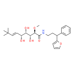 ChemSpider 2D Image | (2R,3R,4S,5R,6E)-N-[3-(2-Furyl)-3-phenylpropyl]-3,4,5-trihydroxy-2-methoxy-8,8-dimethyl-6-nonenamide | C25H35NO6