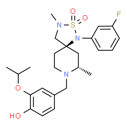 ChemSpider 2D Image | 4-{[(5R,7S)-1-(3-Fluorophenyl)-3,7-dimethyl-2,2-dioxido-2-thia-1,3,8-triazaspiro[4.5]dec-8-yl]methyl}-2-isopropoxyphenol | C24H32FN3O4S