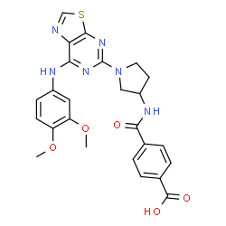 ChemSpider 2D Image | 4-[(1-{7-[(3,4-Dimethoxyphenyl)amino][1,3]thiazolo[5,4-d]pyrimidin-5-yl}-3-pyrrolidinyl)carbamoyl]benzoic acid | C25H24N6O5S