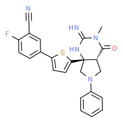 ChemSpider 2D Image | 2-Fluoro-5-{5-[(2e,4ar,7ar)-2-Imino-3-Methyl-4-Oxo-6-Phenyloctahydro-7ah-Pyrrolo[3,4-D]pyrimidin-7a-Yl]thiophen-2-Yl}benzonitrile | C24H20FN5OS