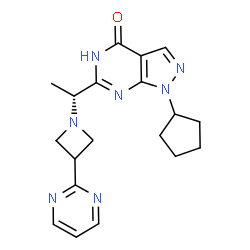 ChemSpider 2D Image | 1-Cyclopentyl-6-{(1R)-1-[3-(2-pyrimidinyl)-1-azetidinyl]ethyl}-1,5-dihydro-4H-pyrazolo[3,4-d]pyrimidin-4-one | C19H23N7O
