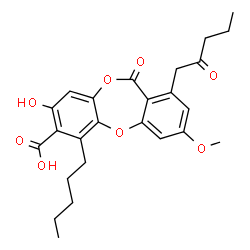 ChemSpider 2D Image | 8-Hydroxy-3-methoxy-11-oxo-1-(2-oxopentyl)-6-pentyl-11H-dibenzo[b,e][1,4]dioxepine-7-carboxylic acid | C25H28O8