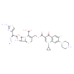 ChemSpider 2D Image | 7-{[(2-Amino-1,3-thiazol-4-yl)(methoxyimino)acetyl]amino}-3-[({[1-cyclopropyl-6-fluoro-4-oxo-7-(1-piperazinyl)-1,4-dihydro-3-quinolinyl]carbonyl}oxy)methyl]-8-oxo-5-thia-1-azabicyclo[4.2.0]oct-2-ene-2
-carboxylic acid | C31H31FN8O8S2
