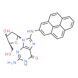 ChemSpider 2D Image | 2-Amino-9-(2-deoxypentofuranosyl)-8-(2-pyrenylamino)-1,9-dihydro-6H-purin-6-one | C26H22N6O4