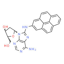 ChemSpider 2D Image | 9-(2-Deoxypentofuranosyl)-N~8~-(2-pyrenyl)-9H-purine-6,8-diamine | C26H22N6O3