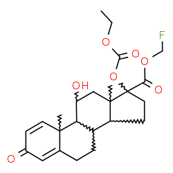 ChemSpider 2D Image | Fluoromethyl (8xi,9xi,10xi,13xi,14xi)-17-[(ethoxycarbonyl)oxy]-11-hydroxy-3-oxoandrosta-1,4-diene-17-carboxylate | C24H31FO7