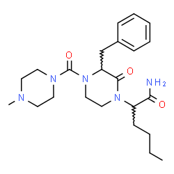 ChemSpider 2D Image | 2-{3-Benzyl-4-[(4-methyl-1-piperazinyl)carbonyl]-2-oxo-1-piperazinyl}hexanamide | C23H35N5O3