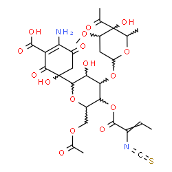 ChemSpider 2D Image | 6-O-Acetyl-3-O-(4-C-acetyl-2,6-dideoxy-3-O-methylhexopyranosyl)-1-(4-amino-3-carboxy-1-hydroxy-2,5-dioxo-3-cyclohexen-1-yl)-1,5-anhydro-4-O-(2-isothiocyanato-2-butenoyl)hexitol | C29H36N2O16S