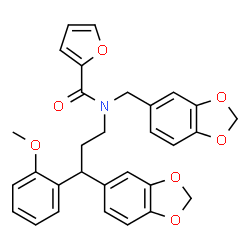 ChemSpider 2D Image | N-[3-(1,3-Benzodioxol-5-yl)-3-(2-methoxyphenyl)propyl]-N-(1,3-benzodioxol-5-ylmethyl)-2-furamide | C30H27NO7