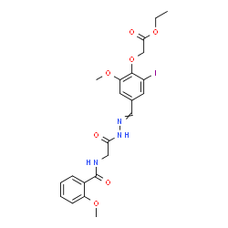 ChemSpider 2D Image | Ethyl {2-iodo-6-methoxy-4-[({[(2-methoxybenzoyl)amino]acetyl}hydrazono)methyl]phenoxy}acetate | C22H24IN3O7