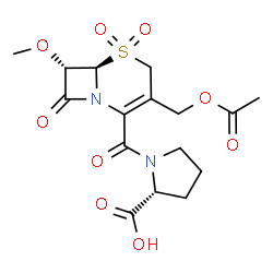 ChemSpider 2D Image | 1-{[(6R,7S)-3-(Acetoxymethyl)-7-methoxy-5,5-dioxido-8-oxo-5-thia-1-azabicyclo[4.2.0]oct-2-en-2-yl]carbonyl}-D-proline | C16H20N2O9S
