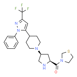 ChemSpider 2D Image | [(2S,4S)-4-{4-[1-Phenyl-3-(trifluoromethyl)-1H-pyrazol-5-yl]-1-piperidinyl}-2-pyrrolidinyl](1,3-thiazolidin-3-yl)methanone | C23H28F3N5OS