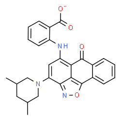 ChemSpider 2D Image | 2-{[3-(3,5-Dimethyl-1-piperidinyl)-6-oxo-6H-anthra[1,9-cd][1,2]oxazol-5-yl]amino}benzoate | C28H24N3O4