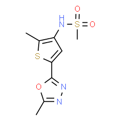 ChemSpider 2D Image | N-[2-Methyl-5-(5-methyl-1,3,4-oxadiazol-2-yl)-3-thienyl]methanesulfonamide | C9H11N3O3S2