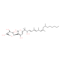 ChemSpider 2D Image | (2R,3S,4R,6R)-3,4,4'-Trihydroxy-6-(hydroxymethyl)-6'-[(4E,6E,9Z)-3-hydroxy-2,6,8,10,12-pentamethyl-4,6,9-octadecatrien-2-yl]-3,4,5,6-tetrahydro-2H,2'H-2,3'-bipyran-2'-one | C34H54O8