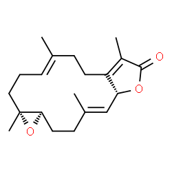 ChemSpider 2D Image | (1aR,4E,10aR,11E,14aR)-1a,5,8,12-Tetramethyl-2,3,6,7,10a,13,14,14a-octahydrooxireno[9,10]cyclotetradeca[1,2-b]furan-9(1aH)-one | C20H28O3