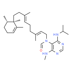 ChemSpider 2D Image | N-{(2E,6E)-3,7-Dimethyl-9-[(1R,6S)-1,2,6-trimethyl-2-cyclohexen-1-yl]-2,6-nonadien-1-yl}-N-[4-(isopropylamino)-6-(methylamino)-5-pyrimidinyl]formamide | C29H47N5O