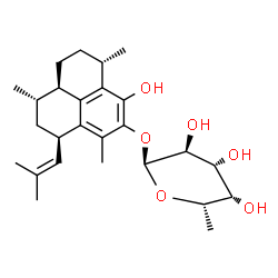 ChemSpider 2D Image | (1S,3R,7S,9aR)-6-Hydroxy-1,4,7-trimethyl-3-(2-methyl-1-propen-1-yl)-2,3,7,8,9,9a-hexahydro-1H-phenalen-5-yl 6-deoxy-alpha-L-galactopyranoside | C26H38O6