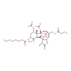 ChemSpider 2D Image | (1R,3aS,4E,6Z,8R,8aR,9S,11R,12S,12aS,13R,13aS)-8,9,13-Triacetoxy-5-[(butyryloxy)methyl]-12,13a-dihydroxy-1,8a,12-trimethyl-2-oxo-1,2,3a,8,8a,9,10,11,12,12a,13,13a-dodecahydrobenzo[4,5]cyclodeca[1,2-b]
furan-11-yl octanoate | C38H56O14