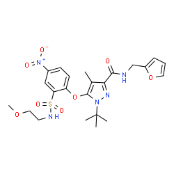 ChemSpider 2D Image | N-(2-Furylmethyl)-5-{2-[(2-methoxyethyl)sulfamoyl]-4-nitrophenoxy}-4-methyl-1-(2-methyl-2-propanyl)-1H-pyrazole-3-carboxamide | C23H29N5O8S