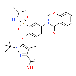 ChemSpider 2D Image | 5-{2-(Isopropylsulfamoyl)-4-[(2-methoxybenzoyl)amino]phenoxy}-4-methyl-1-(2-methyl-2-propanyl)-1H-pyrazole-3-carboxylic acid | C26H32N4O7S