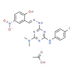 ChemSpider 2D Image | 2-[(E)-({4-(Dimethylamino)-6-[(4-fluorophenyl)amino]-1,3,5-triazin-2-yl}hydrazono)methyl]-4-nitrophenol acetate (1:1) | C20H21FN8O5