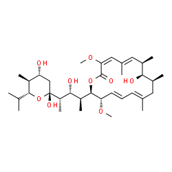 ChemSpider 2D Image | (5R)-2,4-Dideoxy-1-C-{(2S,3R,4S)-3-hydroxy-4-[(2R,3S,4E,6E,9S,10R,11R,12E,14E)-10-hydroxy-3,15-dimethoxy-7,9,11,13-tetramethyl-16-oxooxacyclohexadeca-4,6,12,14-tetraen-2-yl]-2-pentanyl}-5-isopropyl-4-
methyl-alpha-D-threo-pentopyranose | C35H58O9