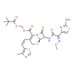 ChemSpider 2D Image | [(2,2-Dimethylpropanoyl)oxy]methyl (6R,7S)-7-{[(2Z)-2-(2-amino-1,3-thiazol-4-yl)-2-(methoxyimino)acetyl]amino}-3-[(Z)-2-(4-methyl-1,3-thiazol-5-yl)vinyl]-8-oxo-5-thia-1-azabicyclo[4.2.0]oct-2-ene-2-ca
rboxylate | C25H28N6O7S3