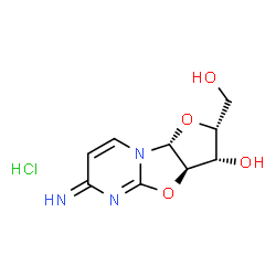 ChemSpider 2D Image | (2R,3S,3aR,9aR)-2-(Hydroxymethyl)-6-imino-2,3,3a,9a-tetrahydro-6H-furo[2',3':4,5][1,3]oxazolo[3,2-a]pyrimidin-3-ol hydrochloride (1:1) | C9H12ClN3O4