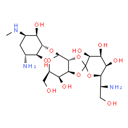 ChemSpider 2D Image | (3'S,3aR,4S,4'S,5'R,6R,6'R,7S,7aS)-4-{[(1R,2S,3R,5R,6R)-3-Amino-2,6-dihydroxy-5-(methylamino)cyclohexyl]oxy}-6'-[(1S)-1-amino-2-hydroxyethyl]-6-(hydroxymethyl)octahydro-4H-spiro[1,3-dioxolo[4,5-c]pyra
n-2,2'-pyran]-3',4',5',7-tetrol | C20H37N3O13