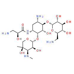 ChemSpider 2D Image | (2S)-3-Amino-N-[(1R,2R,3S,4R,5S)-5-amino-4-[(6-amino-6-deoxy-alpha-D-glucopyranosyl)oxy]-2-{[3-deoxy-4-C-methyl-3-(methylamino)-beta-L-ribopyranosyl]oxy}-3-hydroxycyclohexyl]-2-hydroxypropanamide | C22H43N5O12