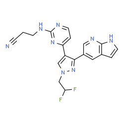 ChemSpider 2D Image | 3-({4-[1-(2,2-Difluoroethyl)-3-(1H-pyrrolo[2,3-b]pyridin-5-yl)-1H-pyrazol-4-yl]-2-pyrimidinyl}amino)propanenitrile | C19H16F2N8