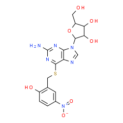ChemSpider 2D Image | 6-[(2-Hydroxy-5-nitrobenzyl)sulfanyl]-9-pentofuranosyl-9H-purin-2-amine | C17H18N6O7S
