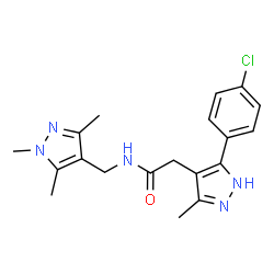 ChemSpider 2D Image | 2-[5-(4-Chlorophenyl)-3-methyl-1H-pyrazol-4-yl]-N-[(1,3,5-trimethyl-1H-pyrazol-4-yl)methyl]acetamide | C19H22ClN5O