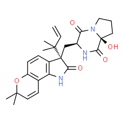 ChemSpider 2D Image | (3S,8aS)-3-{[(3S)-7,7-Dimethyl-3-(2-methyl-3-buten-2-yl)-2-oxo-1,2,3,7-tetrahydropyrano[2,3-g]indol-3-yl]methyl}-8a-hydroxyhexahydropyrrolo[1,2-a]pyrazine-1,4-dione | C26H31N3O5